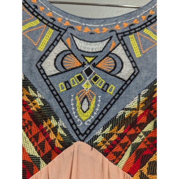 Flying Tomato Maxi Dress Peach Chiffon Embroidered Aztec Strapless Top Sz L - Picture 5 of 16